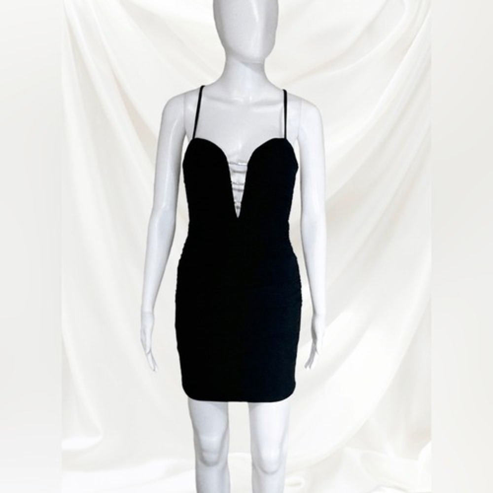 La Femme Black Corset Back Rhinestone‎ Detail Dress